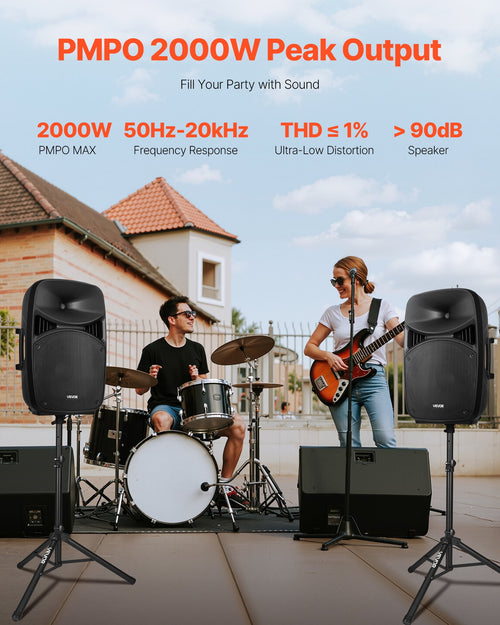 2x 15” Portable PA Speaker System 2000W – Bluetooth DJ Party Set with Mixer & Mic